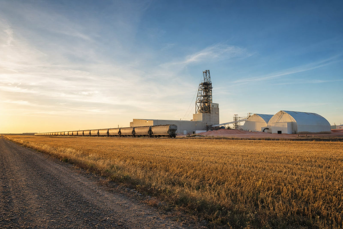 A potash mine headframe and pale storage sheds on the Saskatchewan prairie at golden hour, with a long unit train of covered hopper cars waiting on the siding beside a harvested wheat field