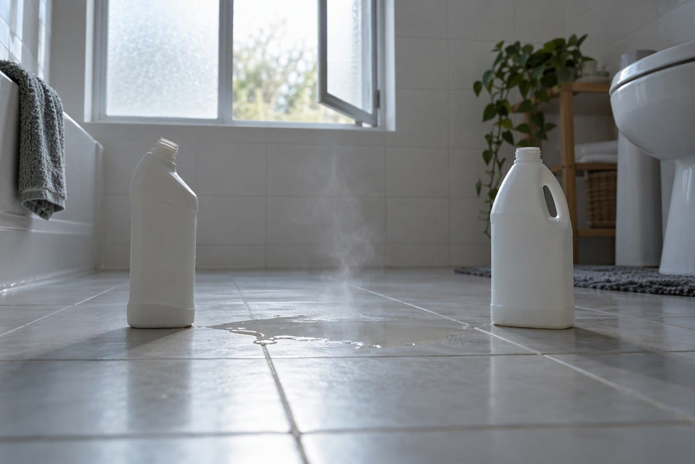Two unlabeled cleaning bottles apart on a bathroom tile floor with a small puddle and faint haze between them