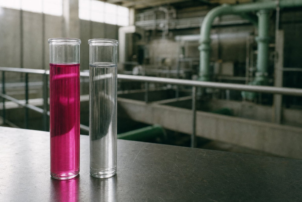 Two clear glass test vials side by side on a stainless bench in a water treatment plant, the left one bright magenta from a chlorine residual test and the right one completely colorless