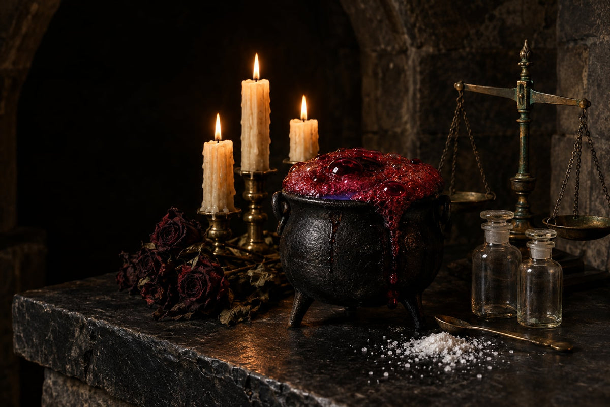 A black cast-iron cauldron on a slate ledge in a candlelit stone alcove, brimming with blood-red foam that runs over the rim, beside dripping candles, dried dark roses, a brass apothecary balance and a scatter of white crystals