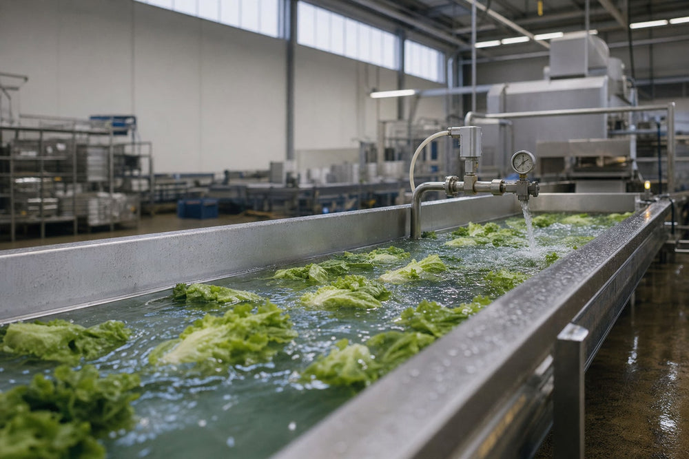 Leafy green lettuce moving through clear water in a long stainless-steel produce wash flume inside a food-processing plant, with an inline dosing line and pressure gauge at the edge of the channel.
