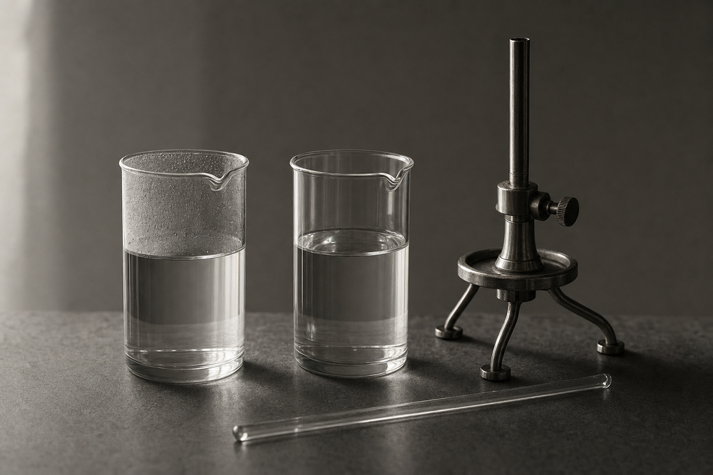 Two identical clear glass laboratory beakers of colorless liquid on a lab bench beside a stand and stirring rod, representing the comparison between isopropyl acetate and ethyl acetate solvents.