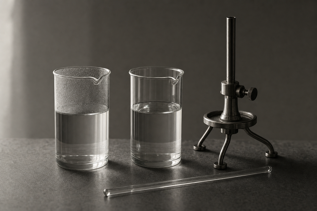 Two identical clear glass laboratory beakers of colorless liquid on a lab bench beside a stand and stirring rod, representing the comparison between isopropyl acetate and ethyl acetate solvents.