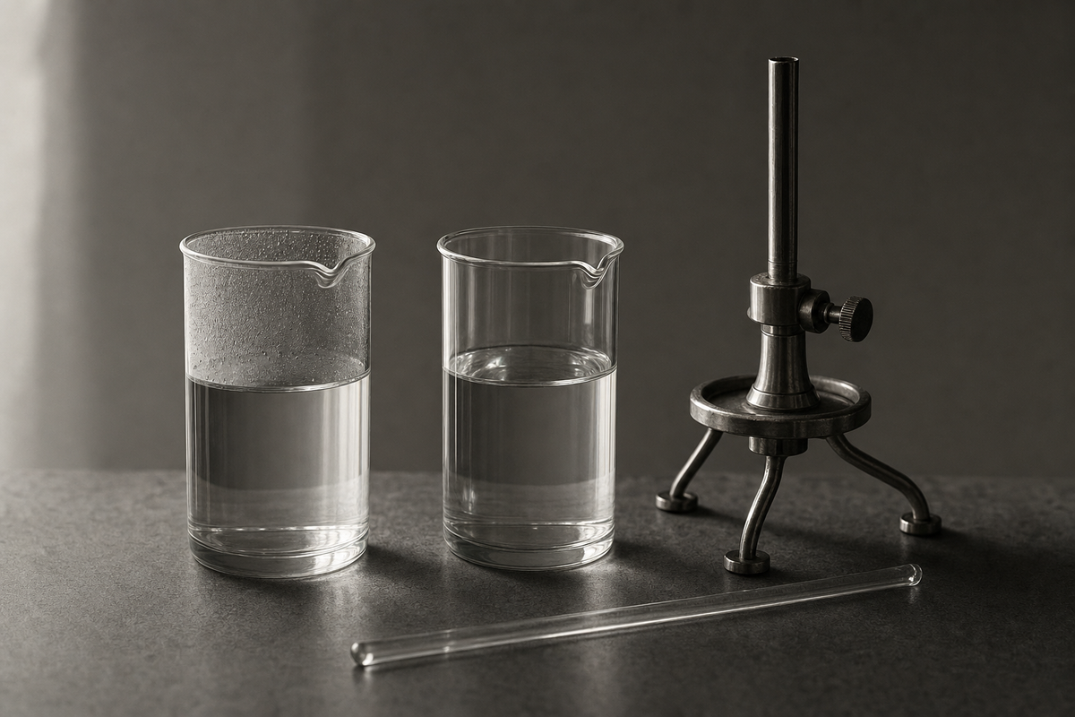 Two identical clear glass laboratory beakers of colorless liquid on a lab bench beside a stand and stirring rod, representing the comparison between isopropyl acetate and ethyl acetate solvents.