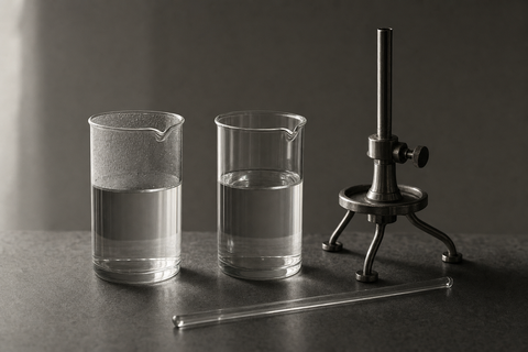 Two identical clear glass laboratory beakers of colorless liquid on a lab bench beside a stand and stirring rod, representing the comparison between isopropyl acetate and ethyl acetate solvents.