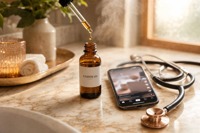 Amber glass dropper bottle labeled Castor Oil beside a smartphone and a stethoscope on a warm marble counter