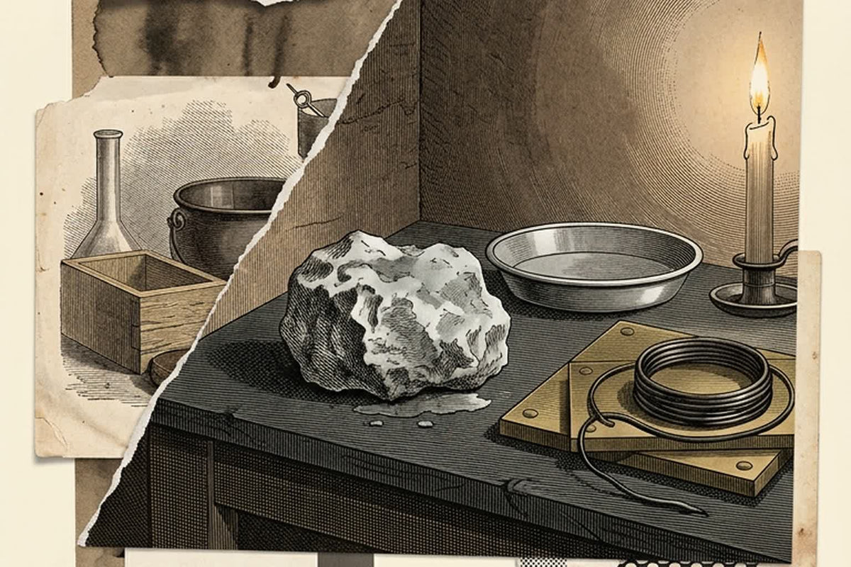 A rough lump of grey-white caustic potash on a dark slate laboratory bench beside a metal dish, a coil of wire and a lit candle, in the style of an early 1800s natural-philosophy archive.