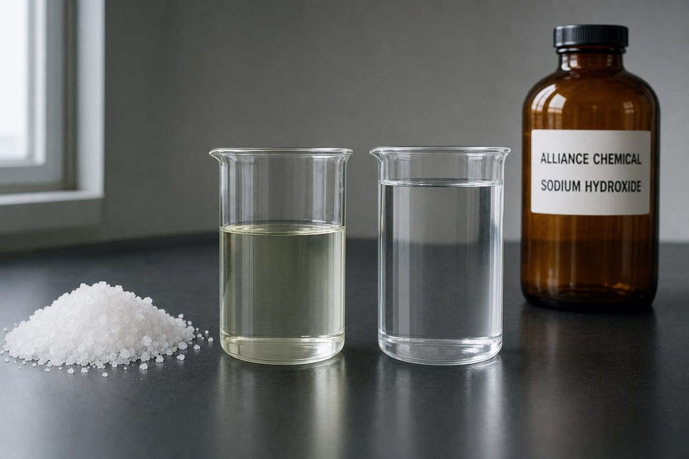 Coarse salt beside two laboratory beakers, one holding pale yellow-green liquid and one a taller column of clear liquid, next to a labelled sodium hydroxide bottle