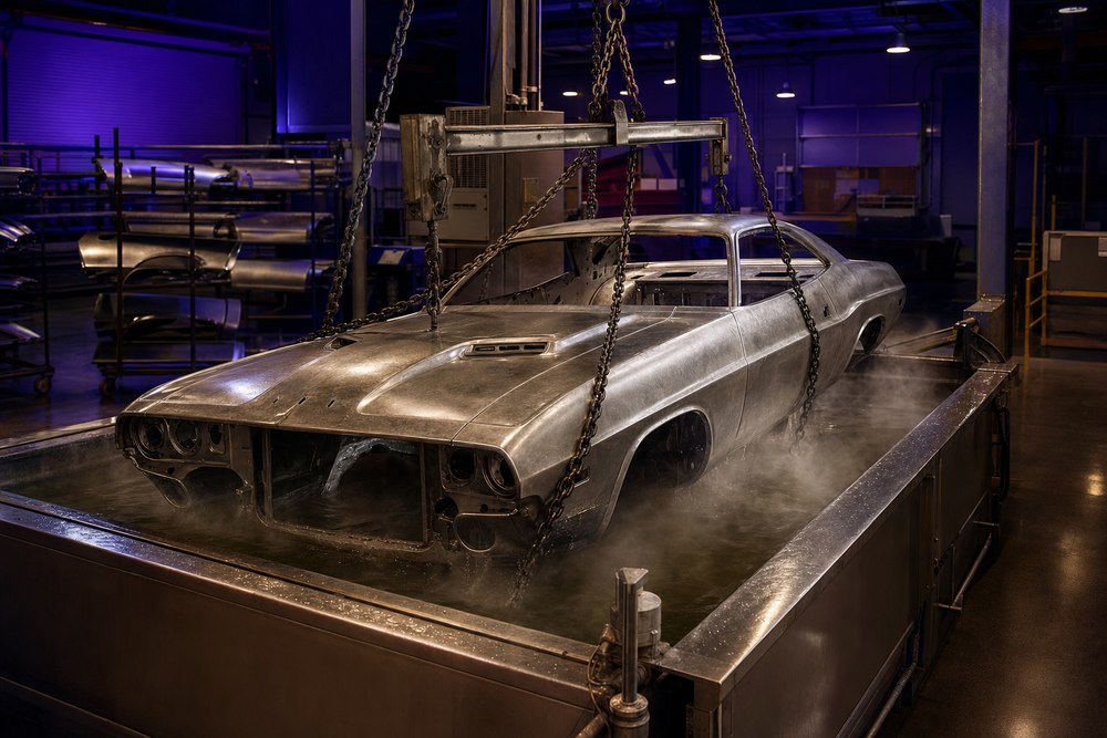 A 1970s muscle car body lowered into an industrial dip tank during the caustic strip stage of the 3-tank chemical dipping process