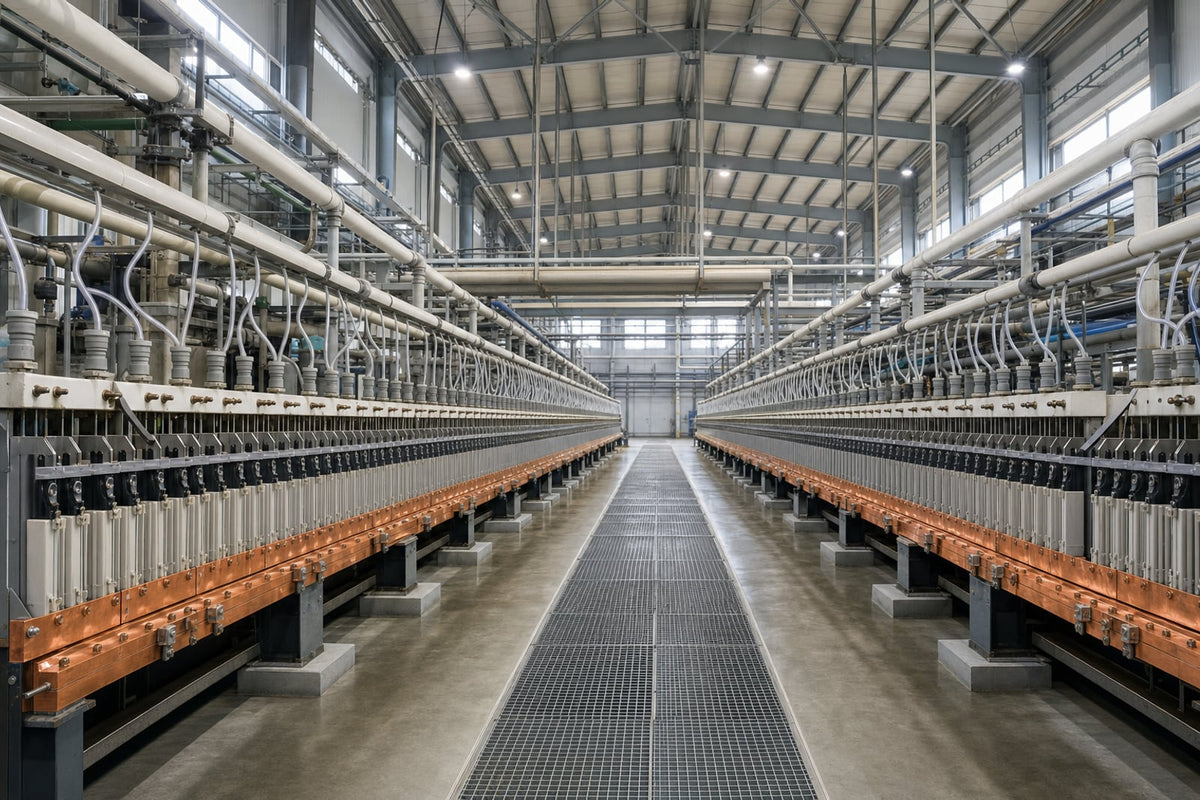Two long rows of membrane-cell electrolyzer stacks with copper bus bars and overhead pipe racks down the central aisle of a chlor-alkali cell hall