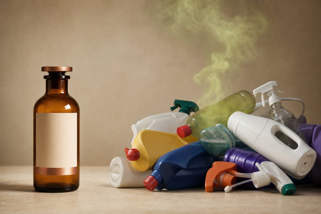 Amber glass bottle standing beside mixed household cleaning products emitting a plume of yellowish gas