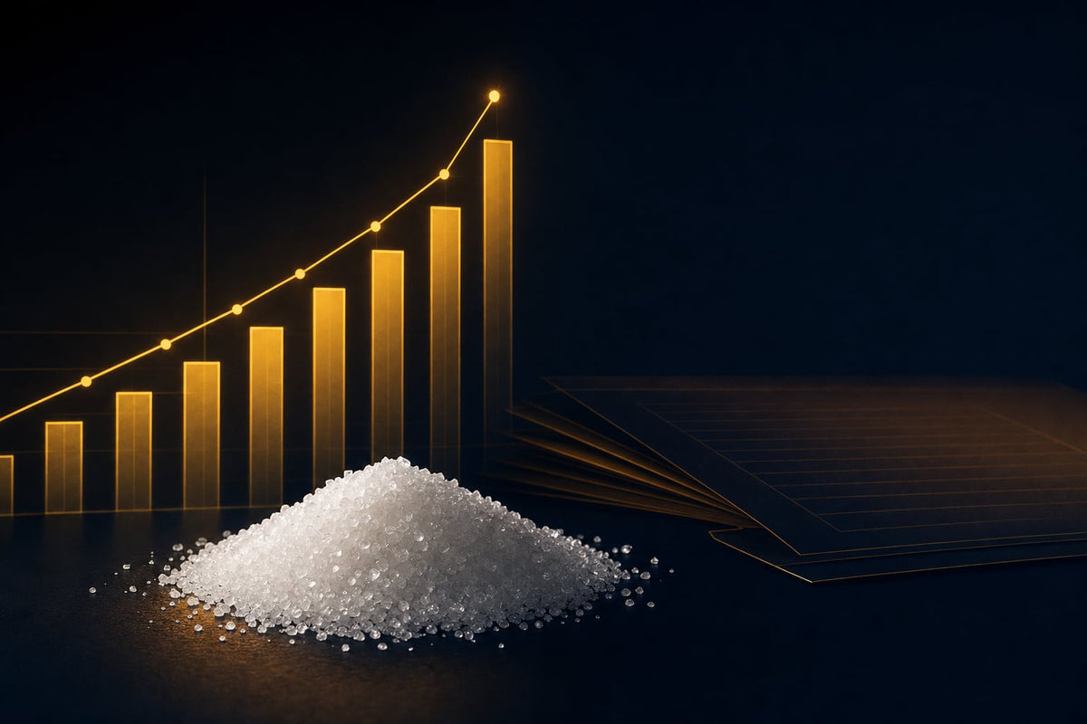 Editorial navy-and-amber graphic: a rising bar-and-line chart glowing amber above a heap of white citric acid crystals, illustrating the 2026 US import duties on citric acid from Canada and India.