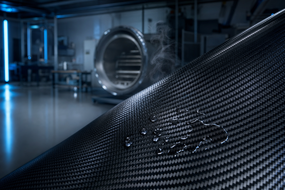 Matte-black carbon-fiber twill weave with solvent droplets in an aerospace composites lab — acetone surface prep