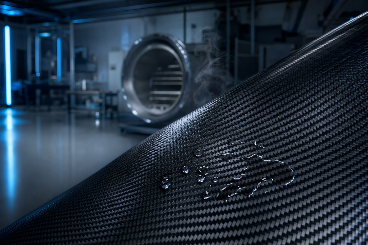 Matte-black carbon-fiber twill weave with solvent droplets in an aerospace composites lab — acetone surface prep