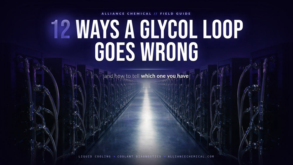 Twelve Ways a Data Center Glycol Loop Goes Wrong - a symmetrical cold aisle of liquid-cooled server racks with coolant manifolds