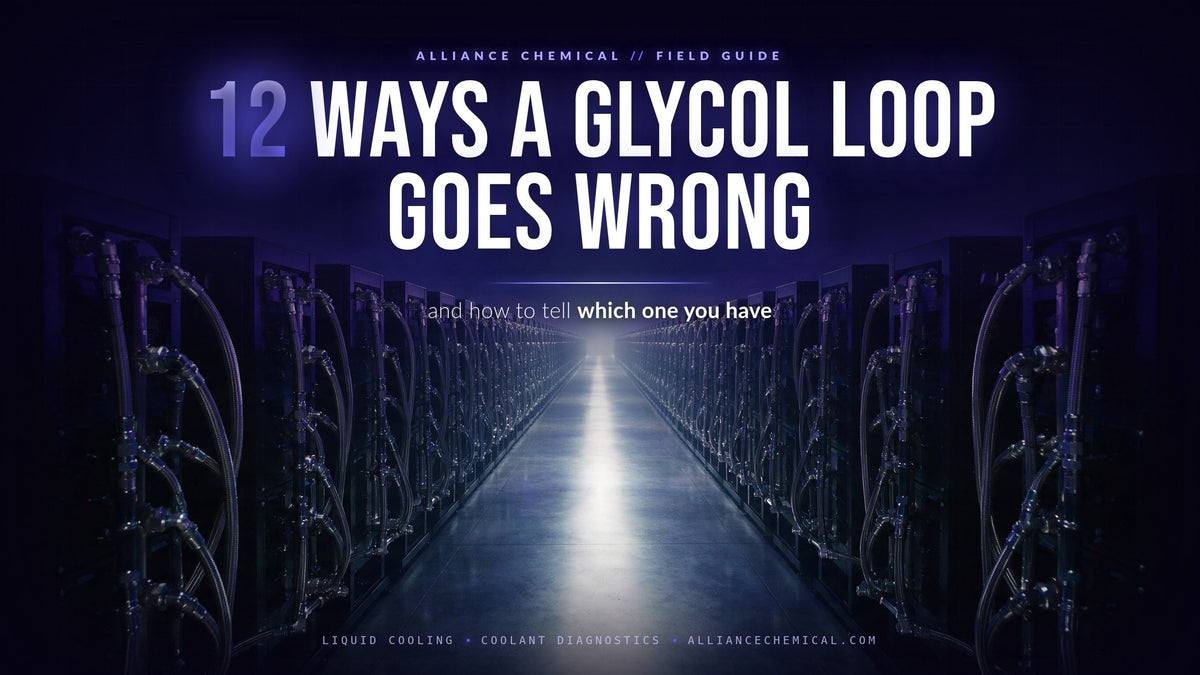 Twelve Ways a Data Center Glycol Loop Goes Wrong - a symmetrical cold aisle of liquid-cooled server racks with coolant manifolds