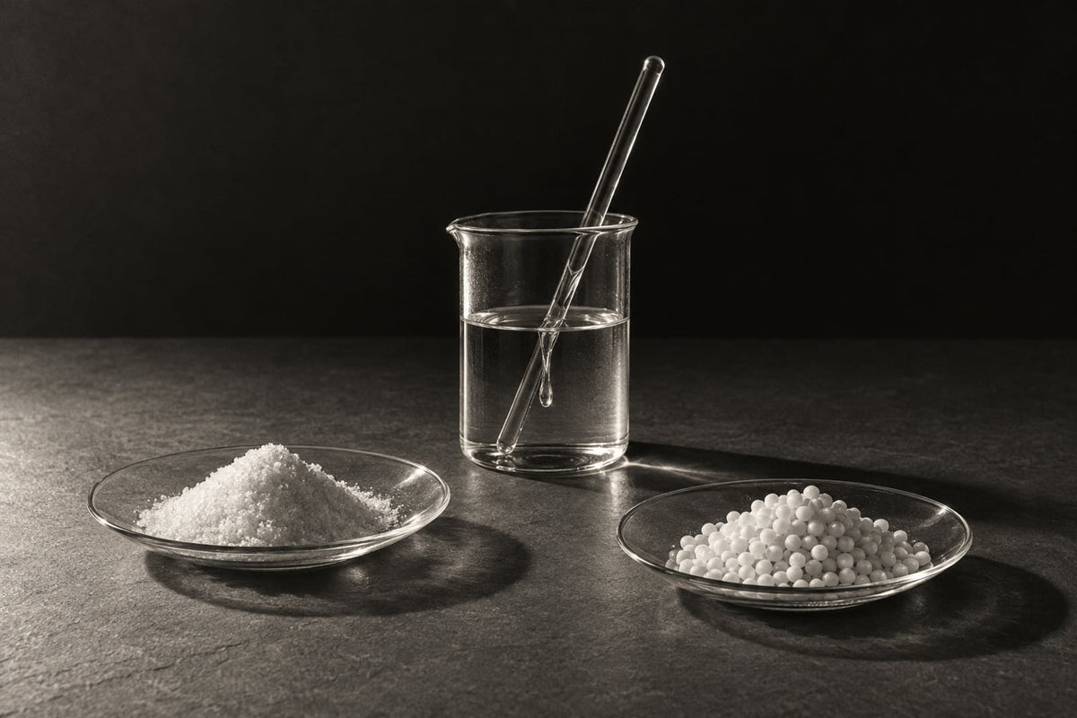 Monochrome still life of two watch glasses, one holding white crystalline powder and one white prills, beside a clear glass beaker of syrupy liquid with a glass stirring rod