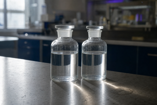 Two identical unlabelled clear glass laboratory bottles of colorless liquid side by side on a stainless steel bench, illustrating that denatured alcohol and isopropyl alcohol are visually indistinguishable.