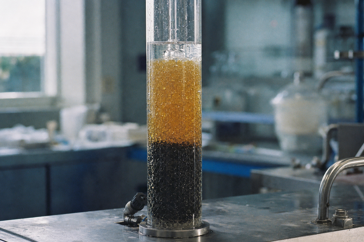 A laboratory ion-exchange column packed with amber cation resin above dark anion resin, with water descending through the bed — the process that produces deionized water.