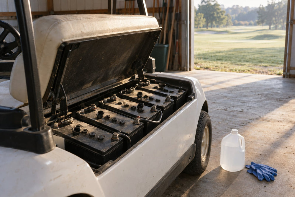 An electric golf cart in a cart barn with its seat raised over a row of flooded lead-acid batteries, vent caps open, and a plain white jug of battery water on the floor beside it in morning light