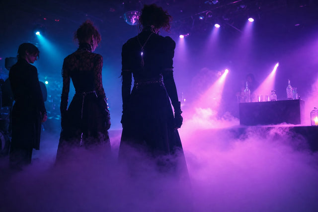 Dense low-lying theatrical fog rolling across a black-light lit floor at a goth club night, the ultraviolet beams made visible by suspended glycerin and propylene glycol droplets.