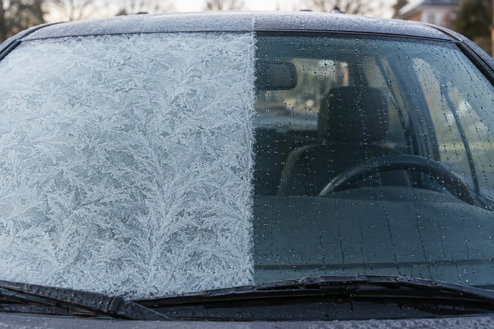 A car windshield split down the middle on a freezing morning, half covered in thick white frost and half clear wet glass after a homemade rubbing alcohol de-icer spray