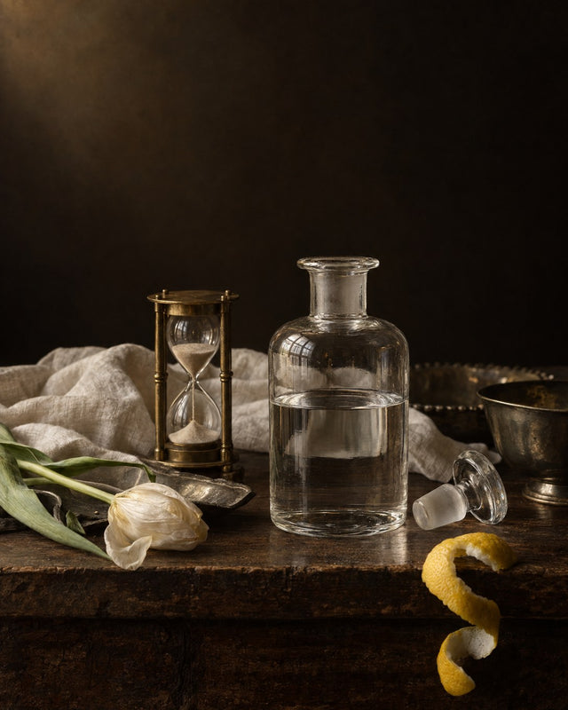 An open glass bottle of clear isopropyl alcohol beside a brass hourglass and a wilting tulip on a dark oak table, lit like a Dutch still life.