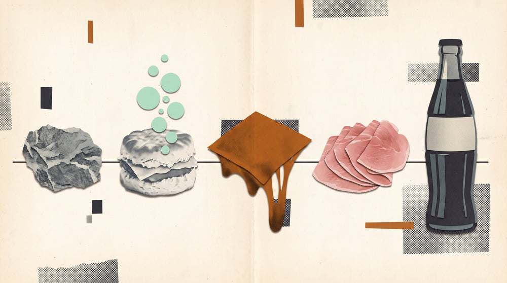 A mid-century paper-collage sequence showing phosphate ore, a split biscuit with rising bubbles, a draping cheese slice, a fan of cured ham and a cola bottle, all connected by a single ink line.