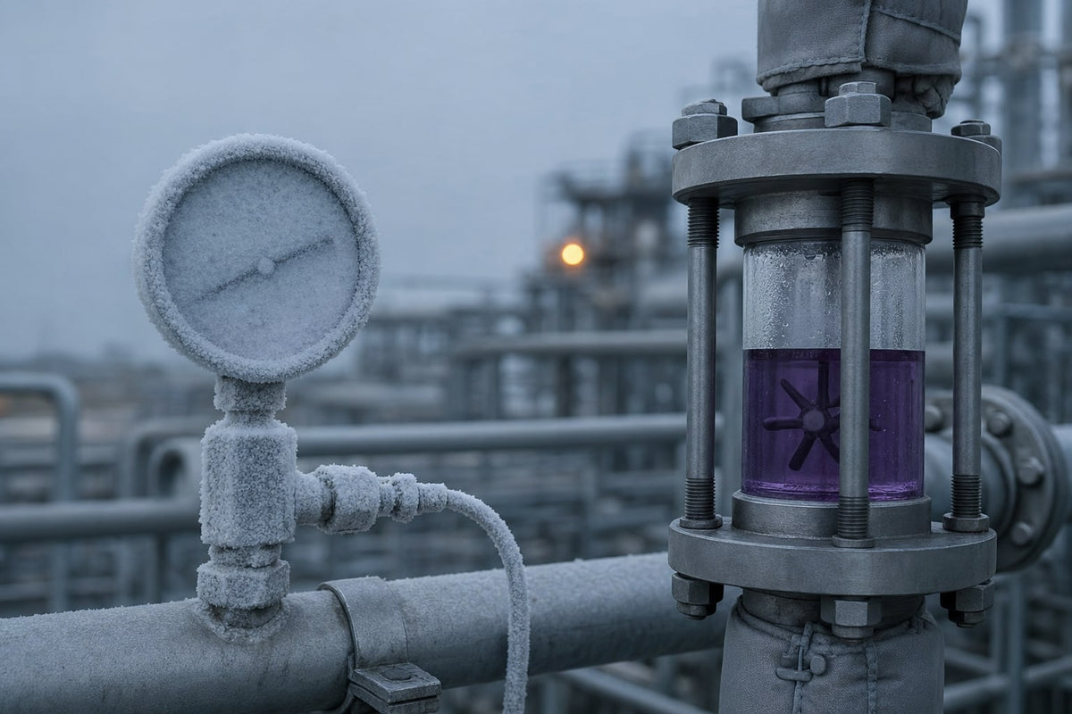 A frost-covered pressure gauge and impulse line beside a sight glass of violet glycol still flowing on the same outdoor process skid at dawn