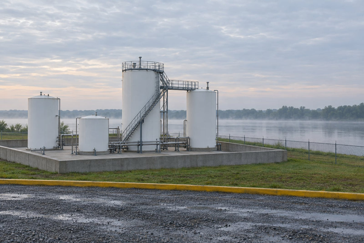 Four white bulk storage tanks inside a concrete containment dike on a flat riverbank at dawn, with a fence and a misty river behind them