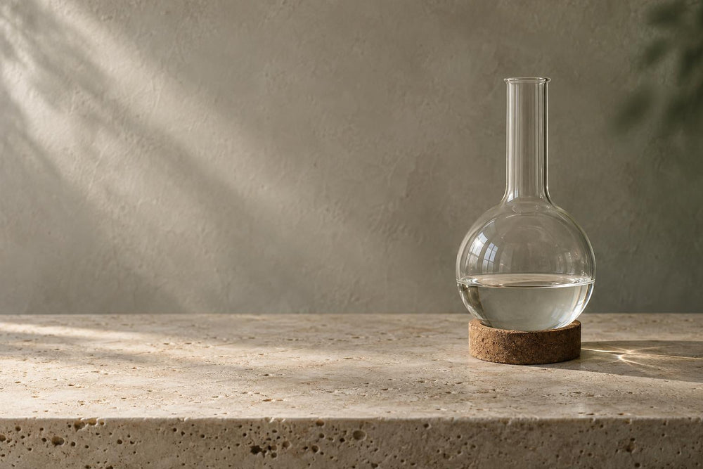 A clear glass round-bottom flask of colorless ethyl acetate on a travertine slab in window light