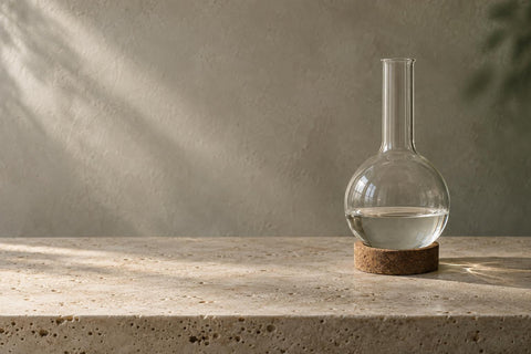 A clear glass round-bottom flask of colorless ethyl acetate on a travertine slab in window light