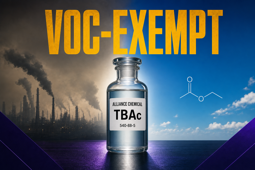 Tert-butyl acetate (TBAc) VOC-exempt solvent bottle against a split smoggy-industrial vs clear-sky background, CAS 540-88-5
