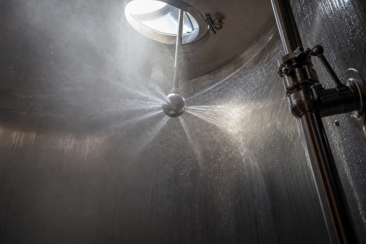A rotating spray ball fires fanned jets of hot cleaning solution across the polished interior wall of a stainless steel fermentation vessel during a clean-in-place cycle, lit by daylight through the open manway above.