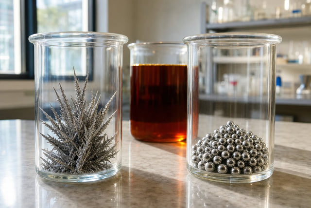 Two identical glass vessels side by side: needle-like dendritic metal deposit on the left, smooth spherical deposits on the right, with a beaker of amber ferric chloride solution behind them.