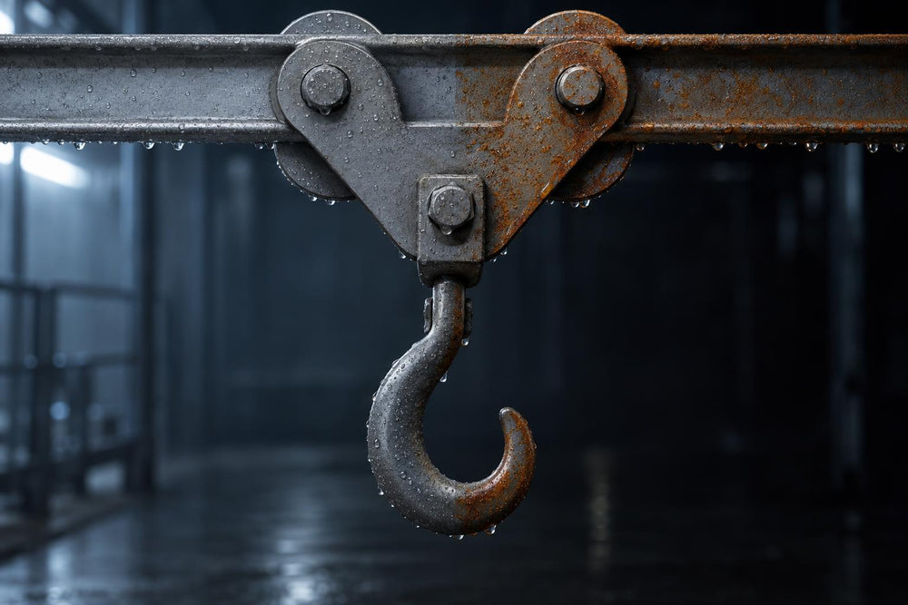 Steel rail trolley and hook, half clean gray steel and half covered in a thin orange flash rust film