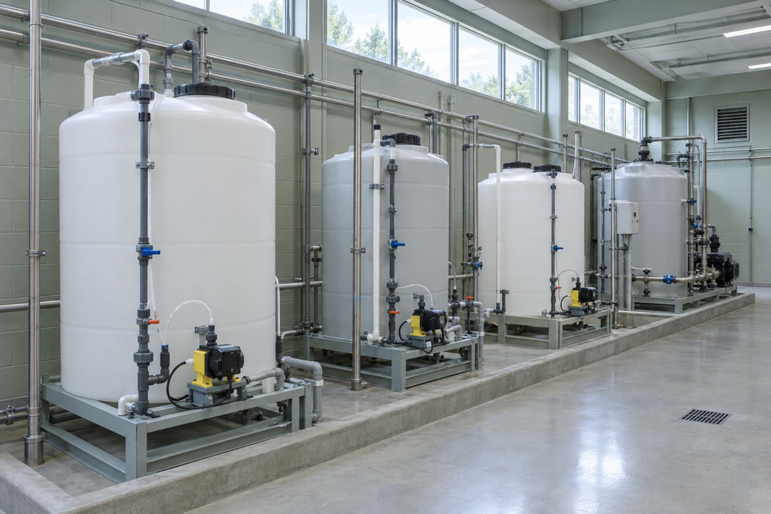 The chemical feed room of a municipal drinking-water treatment plant: a row of white HDPE day tanks on steel skids with metering pumps, behind a concrete containment kerb