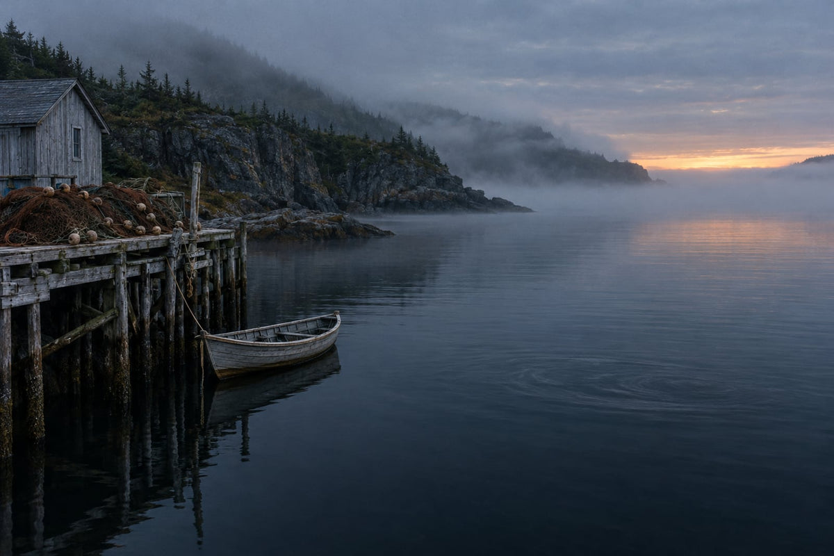 A foggy Newfoundland cove at dawn with a weathered fishing stage piled with herring nets, an empty wooden dory, and one slow swirl on the dark water