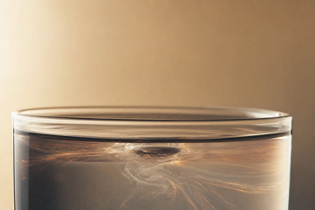 A clear, syrupy drop of glycerin dissolving into a glass of water, its refraction lines spreading and fading