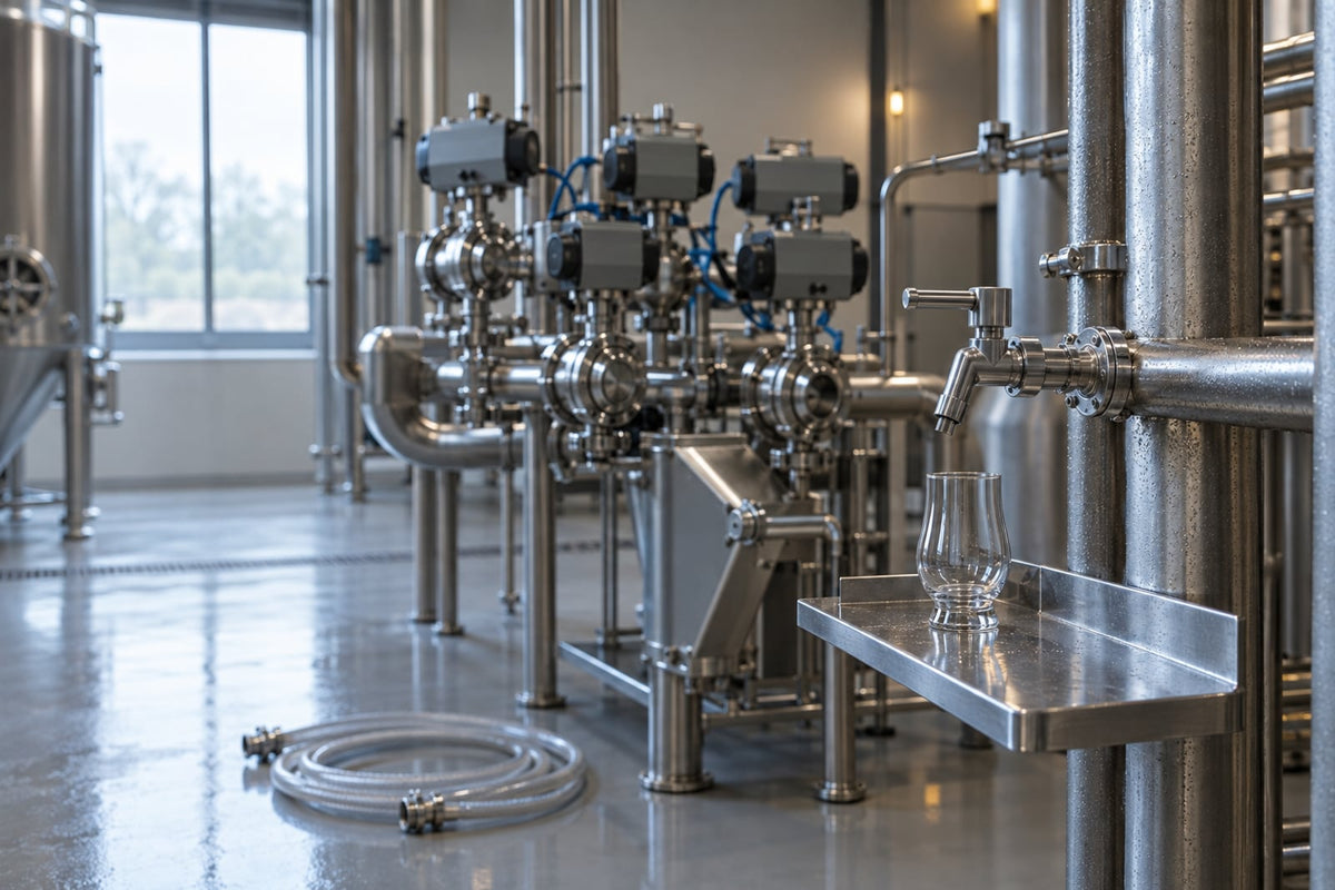 A small stainless sampling tap branching off polished brewery pipework, an empty tasting glass on the ledge beneath it and a cluster of pneumatic valves behind