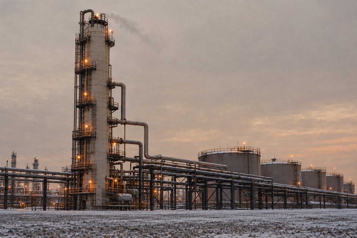 A crude oil distillation column at a refinery at winter dusk, with side-draw pipes, a snow-dusted pipe rack and storage tanks under a grey sky