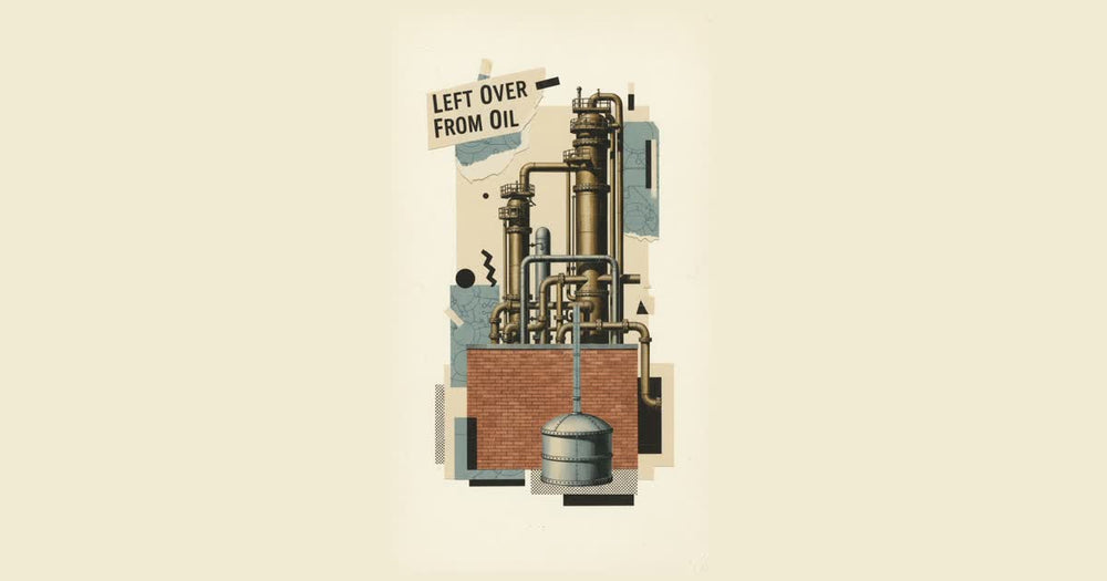 A 1920s-style paper collage of refinery cracking towers piped into a riveted steel absorption tank, illustrating how isopropyl alcohol is made from refinery gas.
