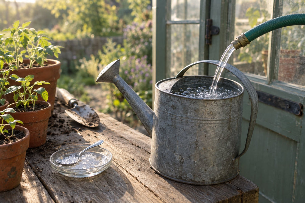 A garden hose filling a galvanized watering can on a wooden potting bench beside seedlings in terracotta pots and a small glass dish of clear sodium thiosulfate crystals, morning light