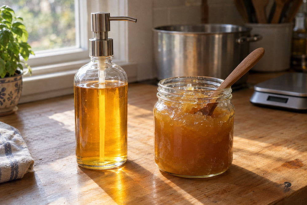 Amber homemade liquid soap in a glass pump bottle beside a jar of translucent potassium soap paste and a stainless pot on a sunlit kitchen counter