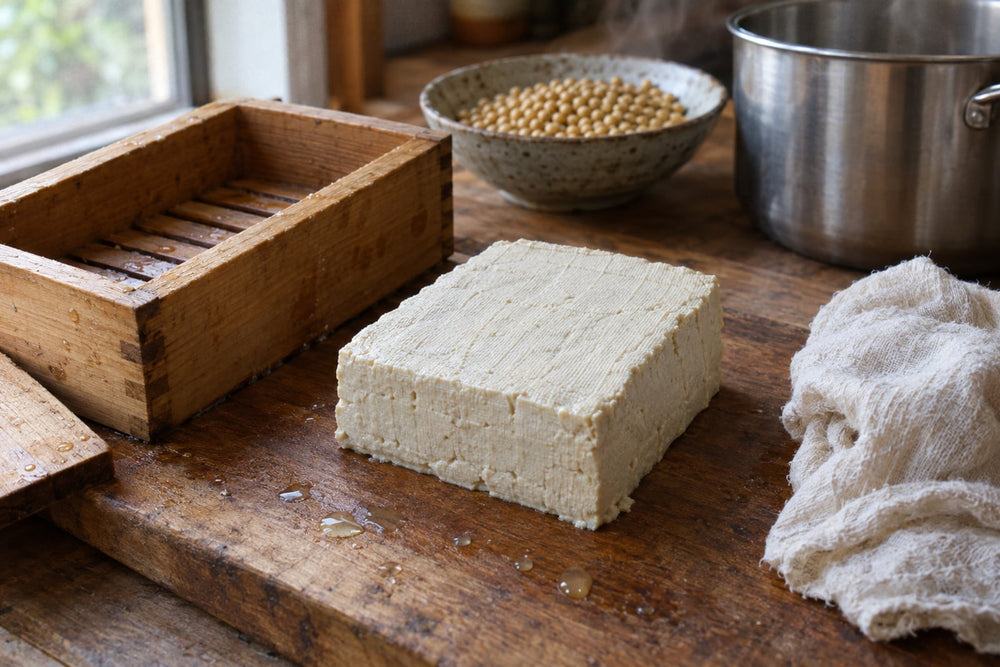A block of freshly pressed homemade firm tofu on a wooden cutting board beside an open wooden tofu mold, a wrung cotton cloth and a bowl of dried soybeans