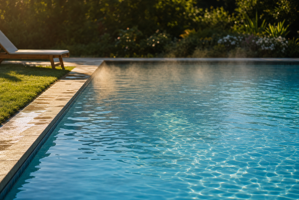 Crystal-clear residential backyard pool at golden hour after a chlorine-free shock treatment