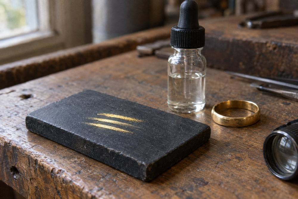 Black touchstone with three bright gold test streaks on a worn jeweler's bench, beside a plain gold band ring, an unmarked glass dropper bottle and a loupe