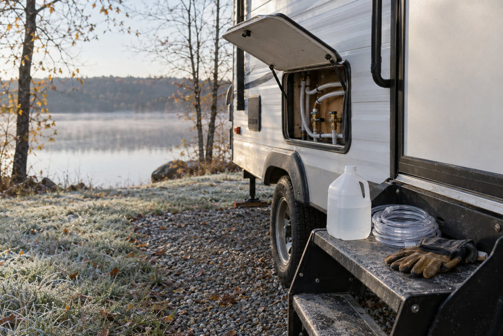 A white travel trailer at the edge of a misty lake on a frosty late-autumn morning, its exterior utility hatch open over the water lines, with a plain jug of clear propylene glycol and a coil of clear tubing on the entry step