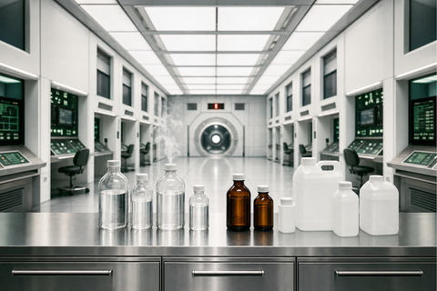 Sterile high-purity laboratory with sealed reagent and HDPE bottles of 37% hydrochloric acid on a stainless bench, illustrating ACS Reagent versus Technical grade selection.