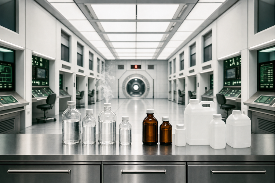 Sterile high-purity laboratory with sealed reagent and HDPE bottles of 37% hydrochloric acid on a stainless bench, illustrating ACS Reagent versus Technical grade selection.